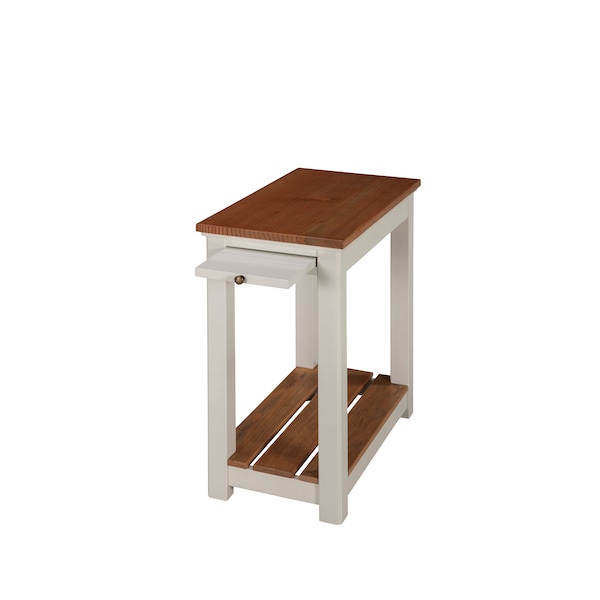 Savannah Chairside End Table With Pull-out Shelf, Ivory With Natural Wood Top